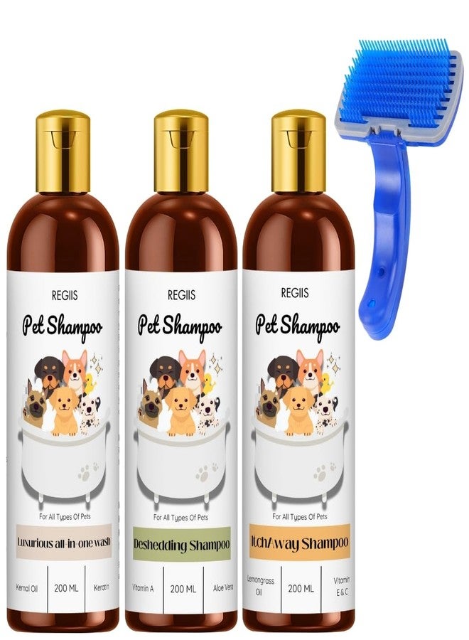 مجموعة شامبو ريجيس للحيوانات الأليفة مع فرشاة تنظيف، غسول شامل، مزيل للشعر المتساقط، تركيبة لتخفيف الحكة، 200 مل، عبوة من 3 قطع - Image 1